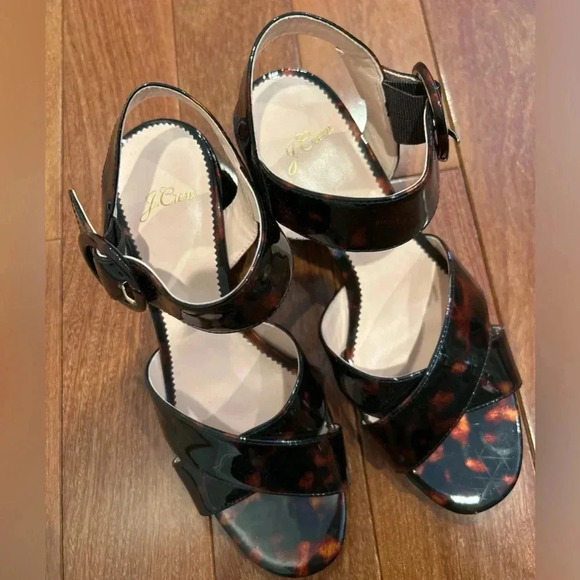 J. Crew Brown Tortoise Shell Patent Leather Block Heel Sandals w/Buckle - W 6.5 - Picture 5 of 7